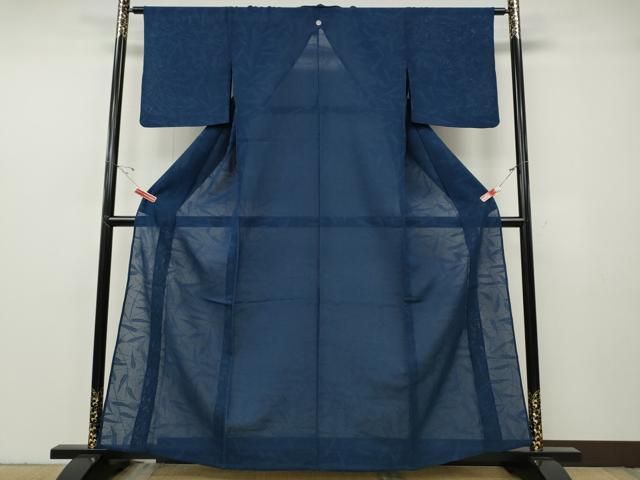 平和屋着物＊夏物　色無地　枝葉紋紗　青藍色　正絹　逸品　CABF3579ut