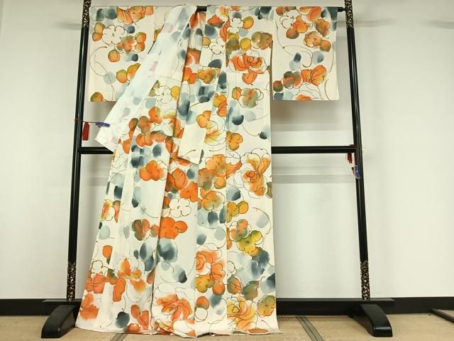 平和屋着物▽上質な小紋　単衣　手描き　草花文　暈し染め　正絹　逸品　AABI4576jh
