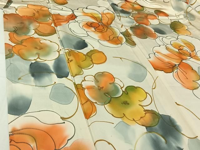平和屋着物▽上質な小紋　単衣　手描き　草花文　暈し染め　正絹　逸品　AABI4576jh