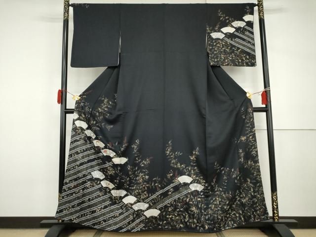 平和屋着物●訪問着 絞り 刺繍 地紙枝花文 黒地 金糸 金彩 正絹 逸品 AABI2563cs
