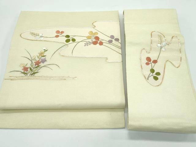 平和屋着物＊夏物　つけ帯　総刺繍　駒刺繍　秋草文　正絹　逸品　CABF4620rv