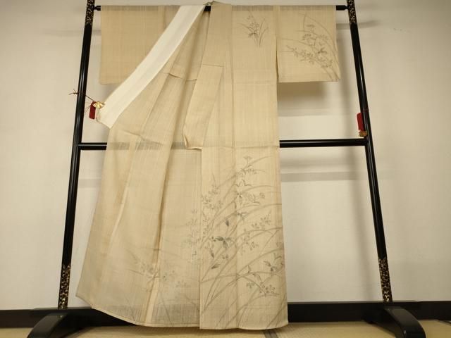 平和屋着物*夏物 訪問着 生紬 手描き 草花文 正絹 逸品 AABI0711jd 平和屋着物*夏物 訪問着 生紬 手描き 草花文 正絹 逸品 AABI0711jd
