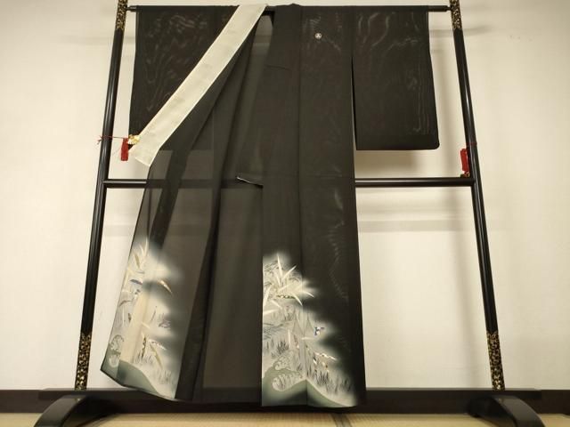 平和屋着物＊夏物　黒留袖　絽　両褄　立波草花文　暈し染め　銀彩　正絹　逸品　AABI0715jd