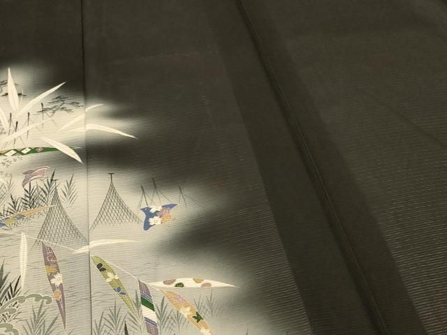 平和屋着物＊夏物　黒留袖　絽　両褄　立波草花文　暈し染め　銀彩　正絹　逸品　AABI0715jd