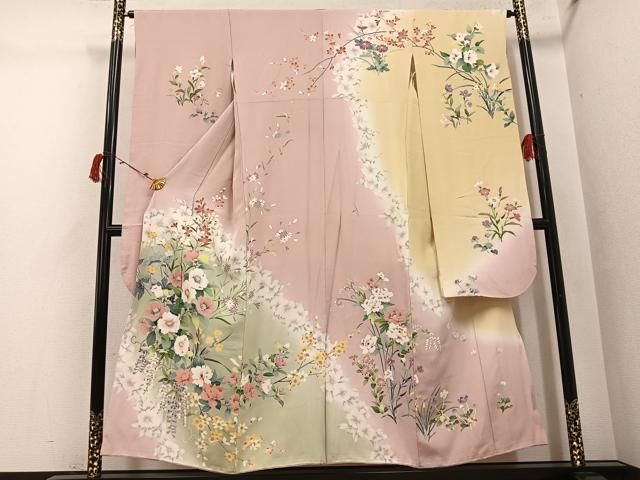 平和屋着物●豪華振袖 友禅 草花文 暈し染め 正絹 逸品 AABI3094ph