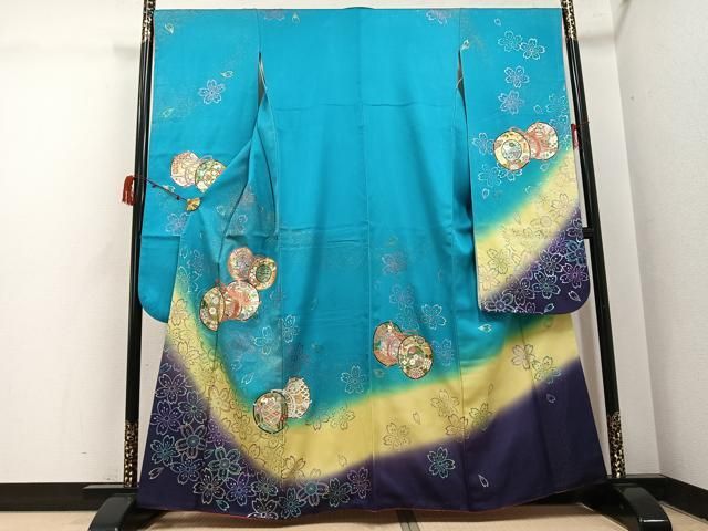 平和屋着物●豪華振袖 花鼓文 暈し染め 金銀彩 銀通し地 正絹 逸品 AABI3095ph
