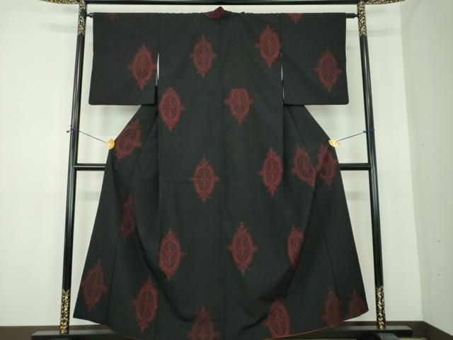 平和屋着物●本塩沢　花菱文　黒地　正絹　逸品　DABE5398ps