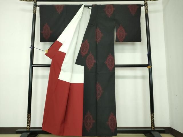 平和屋着物●本塩沢　花菱文　黒地　正絹　逸品　DABE5398ps