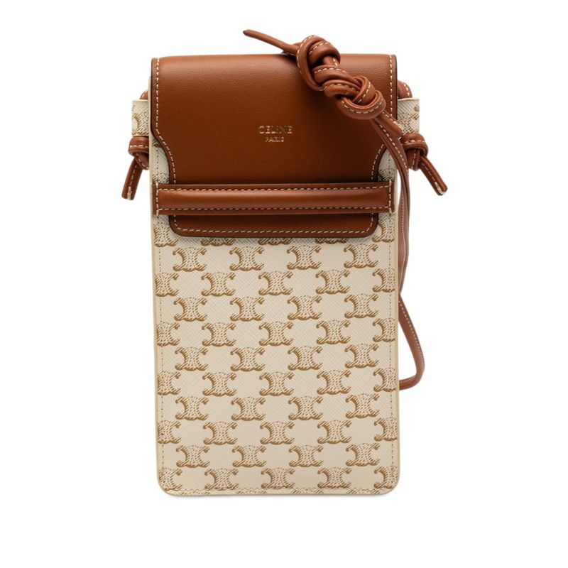 セリーヌ トリオンフ ショルダー フォンポーチ モバイルポーチ ホワイト ブラウン PVC レザー レディース CELINE【1-0266326】