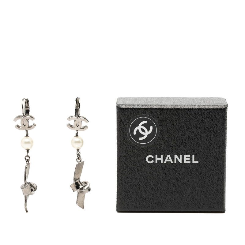 シャネル ココマーク リボン ピアス 05A刻印 シルバー メタル パール レディース CHANEL【1-0266550】
