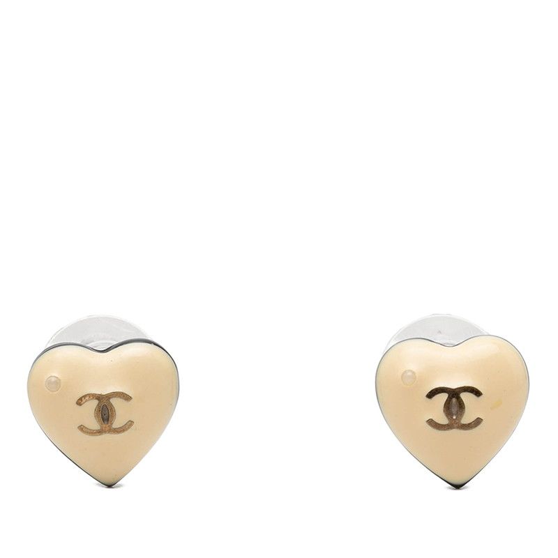 シャネル ココマーク ハートモチーフ ピアス 00A刻印 アイボリー ブラック プラスチック メタル レディース CHANEL【1-0266551】