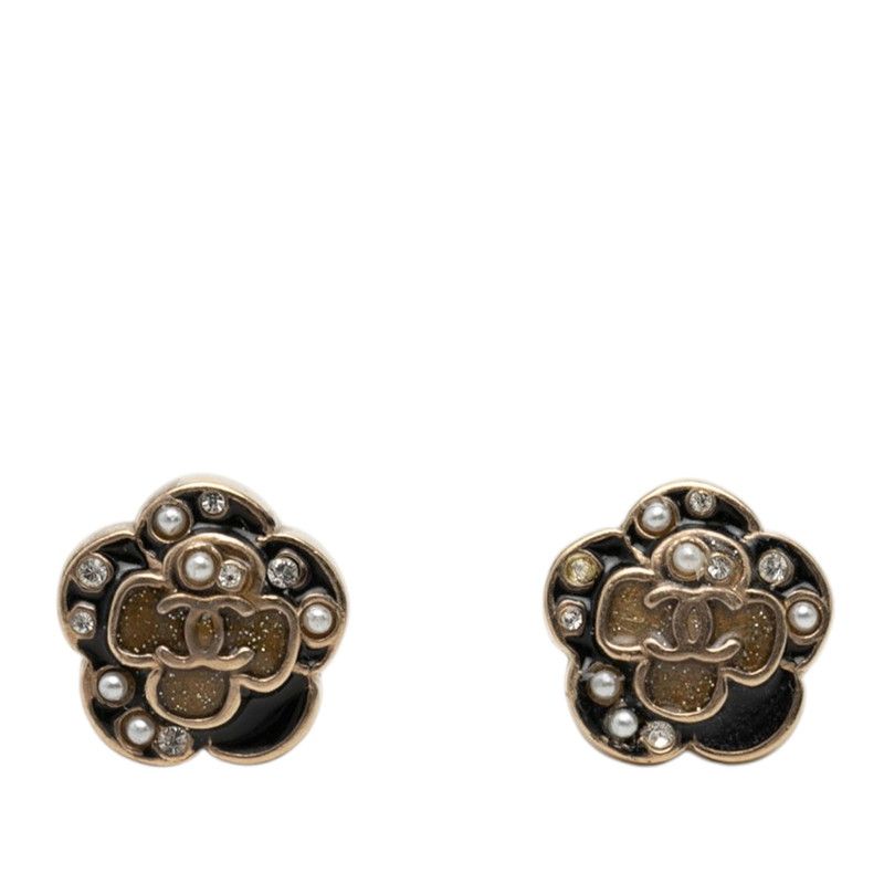 シャネル カメリア ココマーク パール ピアス ゴールド ブラック メッキ ラインストーン レディース CHANEL【1-0266552】