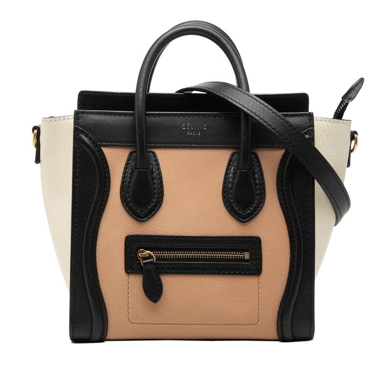 セリーヌ ラゲージ ナノショッパー ハンドバッグ ショルダーバッグ 2WAY ベージュ ブラック ホワイト レザー レディース CELINE【1-0267524】