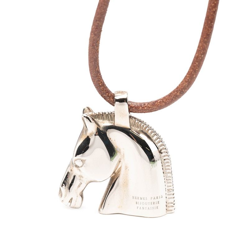 エルメス シュバル ホース 馬 ネックレス シルバー ブラウン メタル レザー レディース HERMES【1-0267528】