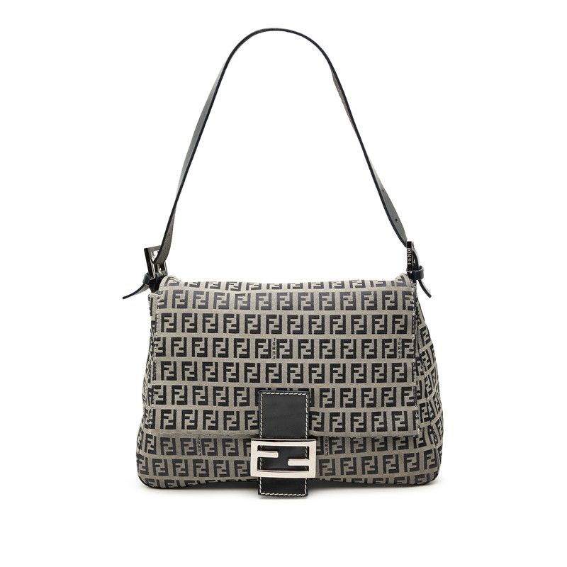 フェンディ ズッキーノ マンマバゲット ワンショルダーバッグ 26325 グレー ネイビー キャンバス レザー レディース FENDI【1-0267531】