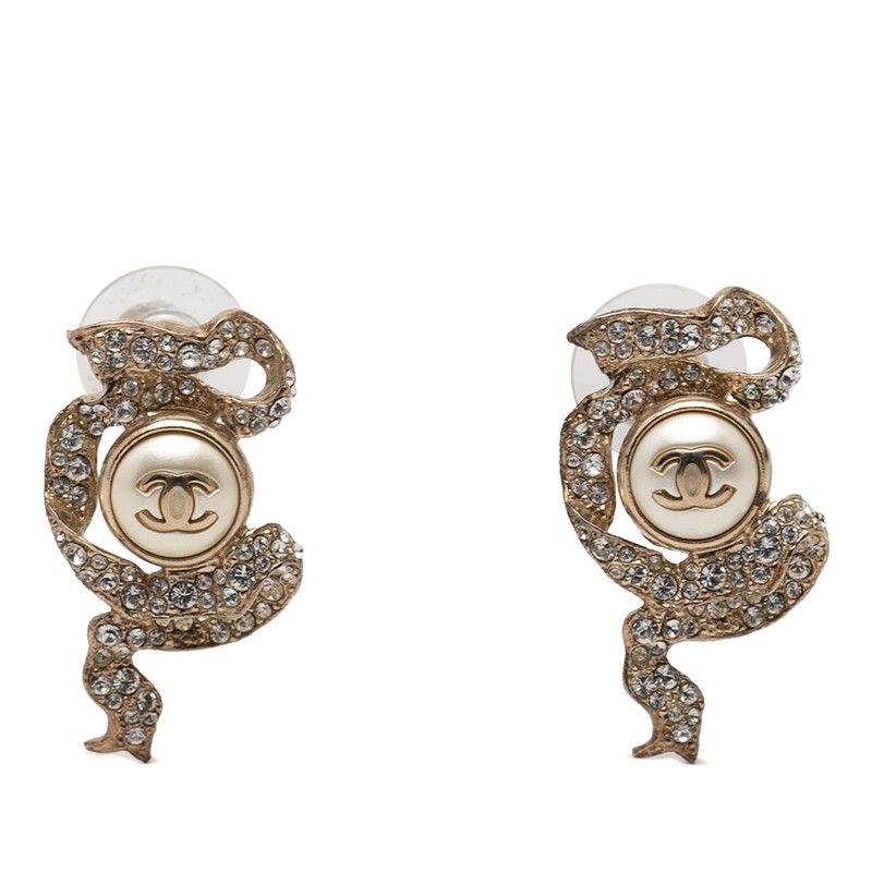 シャネル ココマーク パール リボン モチーフ ピアス 18C ゴールド メッキ ラインストーン レディース CHANEL【1-0267763】