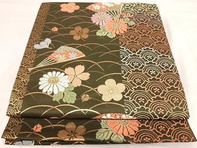 平和屋着物◎六通柄袋帯　唐織　扇面花文　金糸　正絹　逸品　AABI5413yx