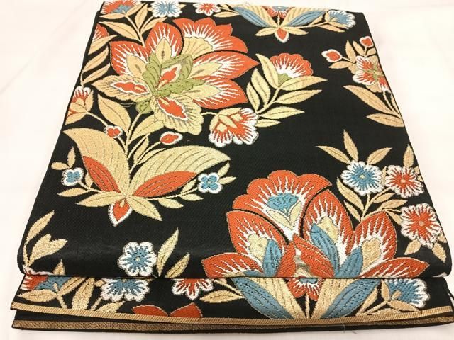 平和屋着物◎六通柄袋帯　唐織　更紗花文　黒地　金銀糸　正絹　逸品　AABI5424yx