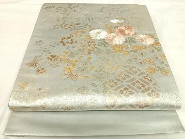 平和屋着物◎太鼓柄袋帯　刺繍　草花文　金銀彩　金糸　正絹　逸品　AABI5427yx