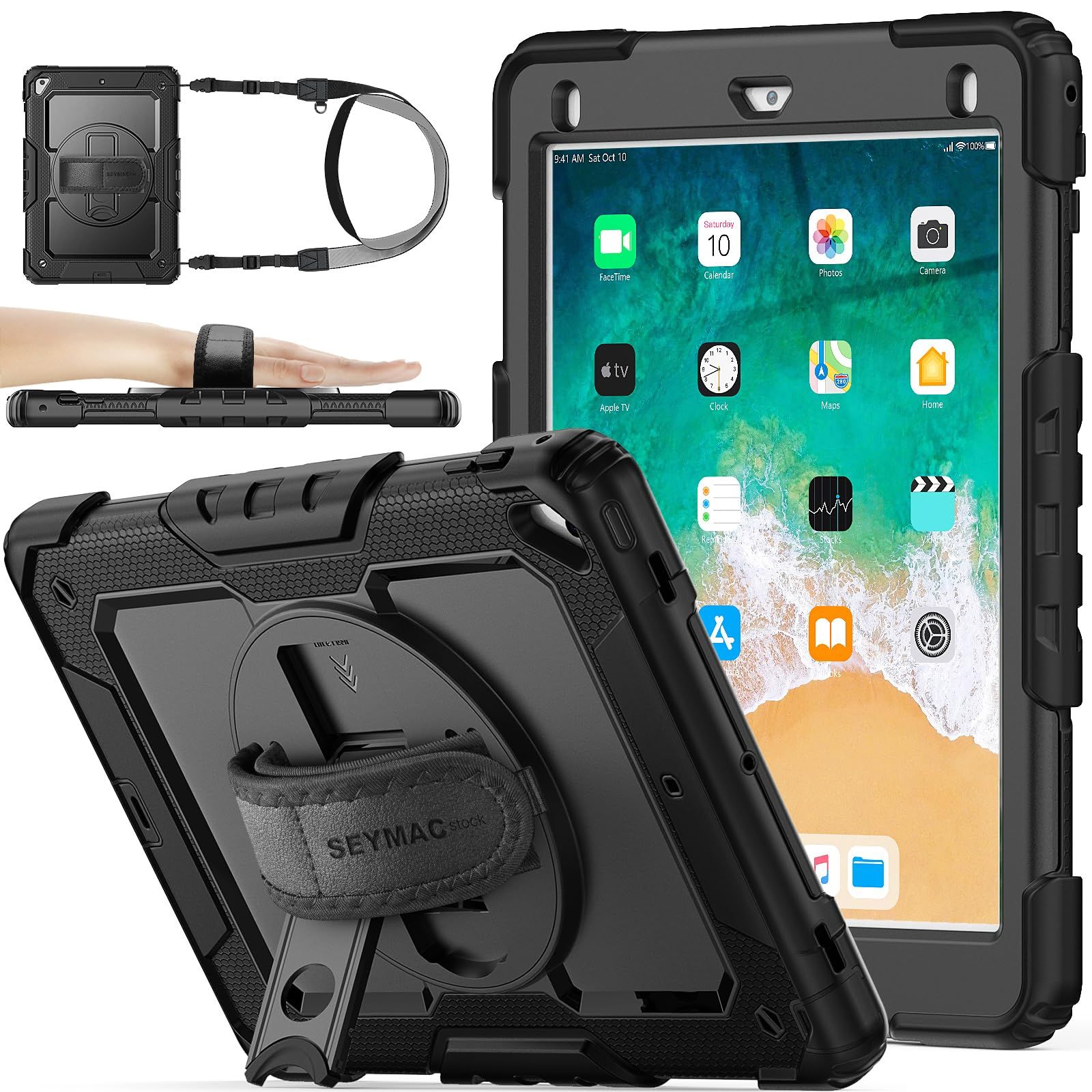 6世代/5世代/Pro 9.7/Air2 9.7インチ専用ケース iPad 耐衝撃 保護フィルム付き stock ペン収納 360°回転スタンド ハンドストラップ SEYMAC ショルダーストラップ 全面保護カバー（ブラック）