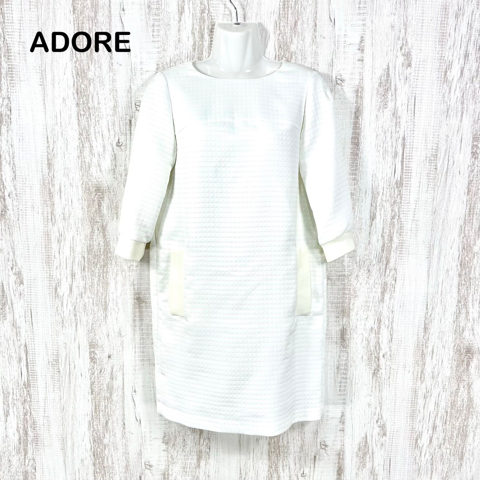 美品 ADORE アドーア ワッフル ジャージー 七分袖 ひざ丈 ワンピース ホワイト レディース フォーマル オケージョン 上品