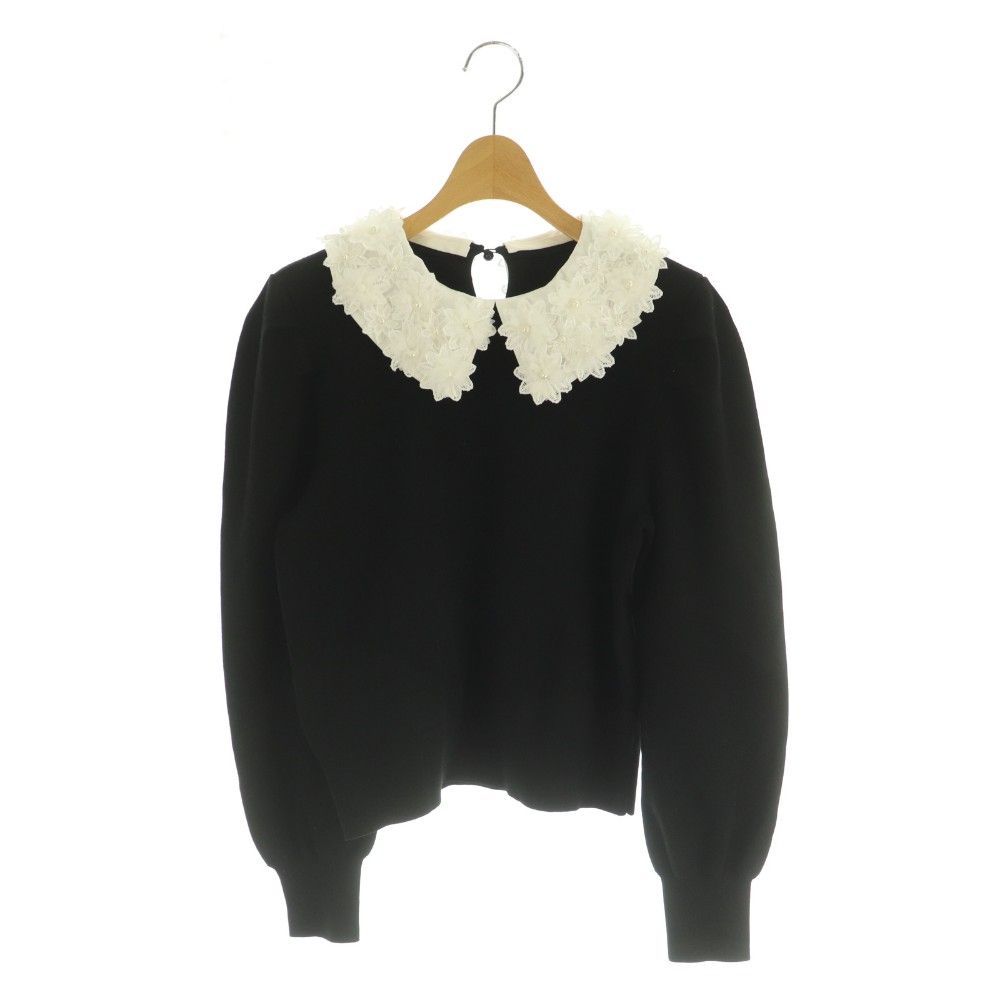 ルルウィルビー Loulou Willoughby 26SS フラワー衿付プルオーバー ニット カットソー 長袖 2 黒 白 /MI ■OS ■SH