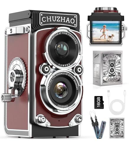 CHUZHAO ミニレトロカメラ: 1080Pミニレトロデジタルトイカメラ1.54インチ画面 軽量 携帯 デジタル TLR 12MPオートフォーカス 二眼レフカメラ 16GB SDカード付き Type-C充電 初心者 子供 ティーンエイジャー bffcd526