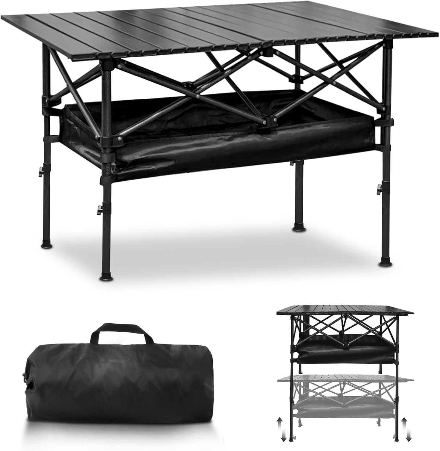 Weeday キャンプテーブル 折りたたみテーブル 軽量 3.95kg 耐荷重80kg キャンプ用 アウトドア コンパクト収納袋付 4-6人用 防水 (ブラック、高さ調整可能、120×55×