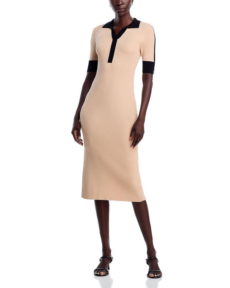 ティー・タハリ レディース トップス ワンピース Vネック コントラスト Tahari Elbow Sleeve Split V Neck Collarib Dress with Contrastrim Stone Camel Heather ヘザー