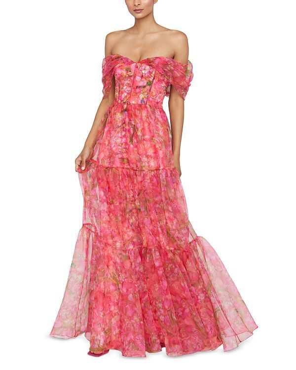 セイア レディース トップス ワンピース Theia Tia Off Shoulder Organza Gown Hydra Floral