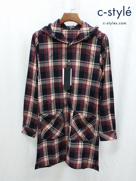 C995 [未使用品] NO ID. ノーアイディー ロングシャツ 1 ネイビー系 チェック柄 長袖 フード 846006-353S | ★