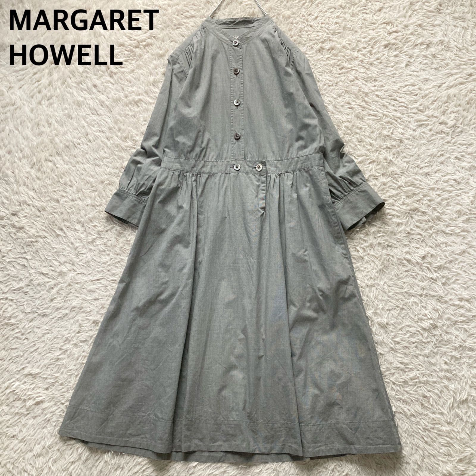 マーガレットハウエル MARGARET HOWELL 日本製 綿 コットン シャツワンピース バンドカラー ロング フレア Aライン ギャザー グレー 千鳥格子 マイクロチェック サイズ2 M相当 上品 お出かけ デイリー 春 秋 冬 良品