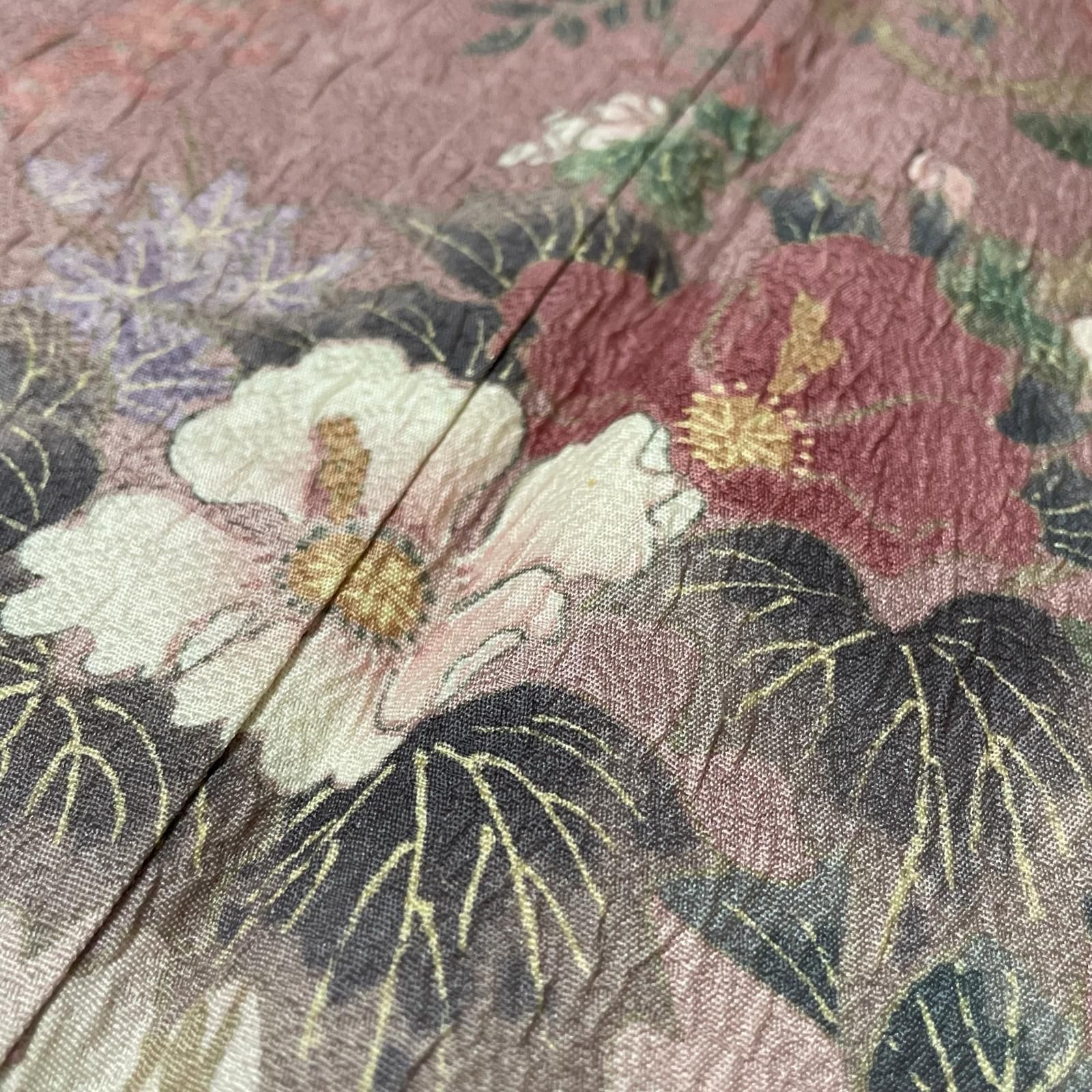 付下げ トールサイズ ふくれ織 暈し染 鳥に美しい花模様 着物 正絹 X 