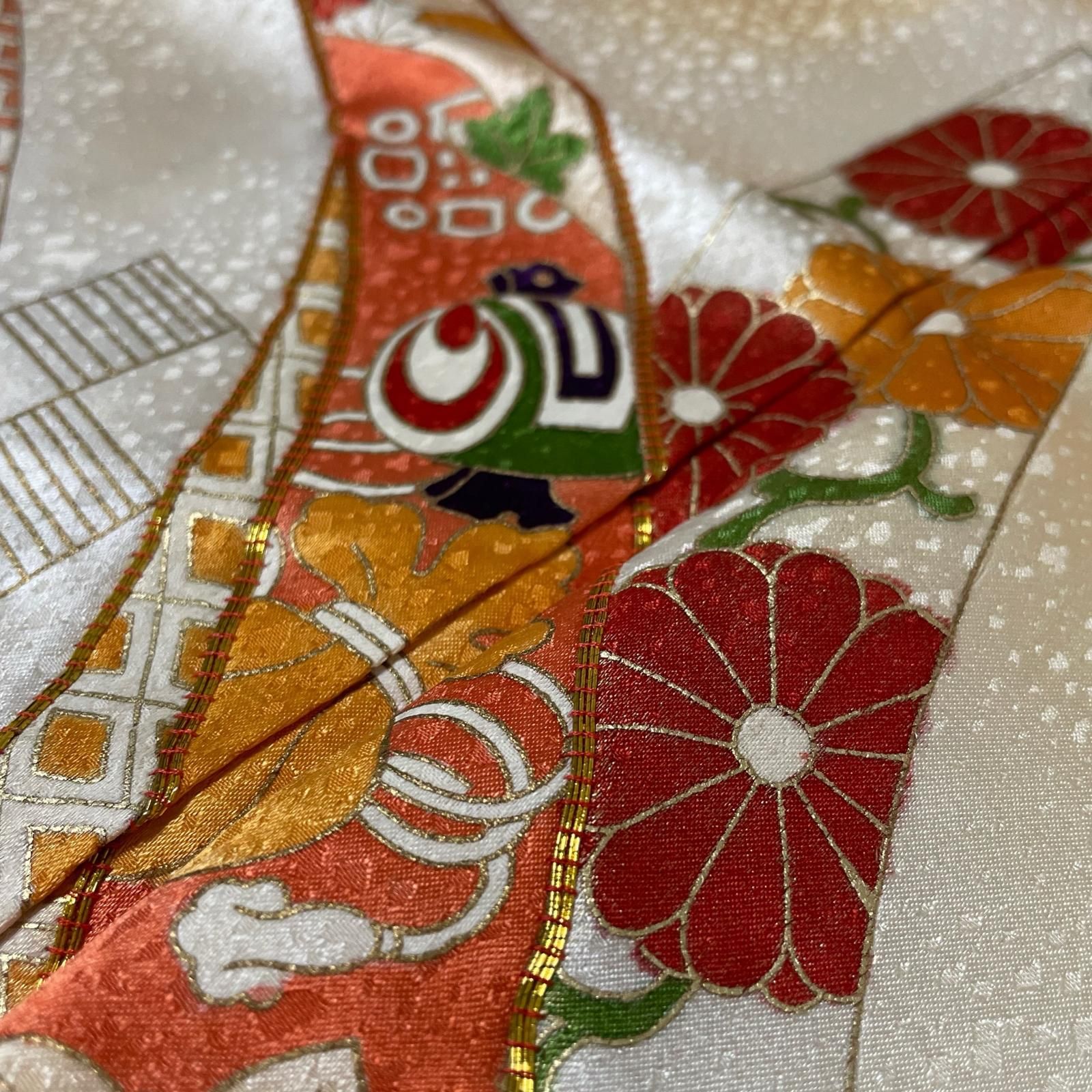 付下げ 熨斗に宝尽くし 花唐草 橘 着物 正絹 X-1470