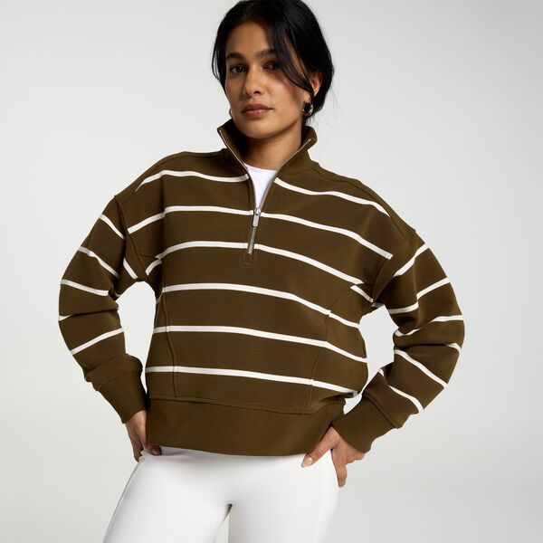 キャリー レディース アウター パーカー・スウェット モックネック スキューバ CALIA Womensoft Scuba Mock Neck 14 Zip Darkhaki Olive Stripe Ottoman オリーブ