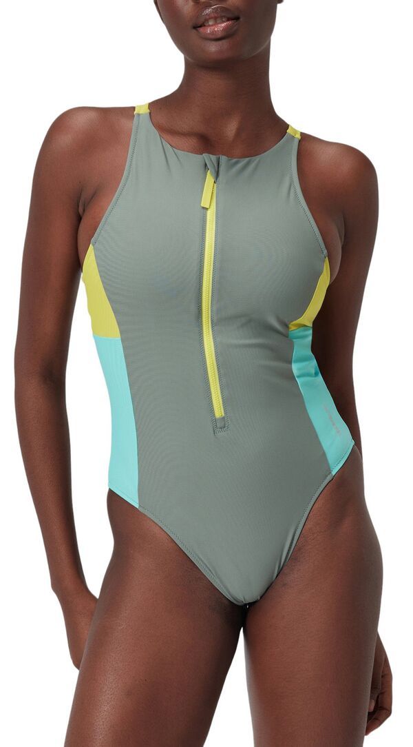 スピード レディース 水着 上下セット カラーブロック Speedo Women s Colorblock Zip One Piece Swimsuit Dark Ivy