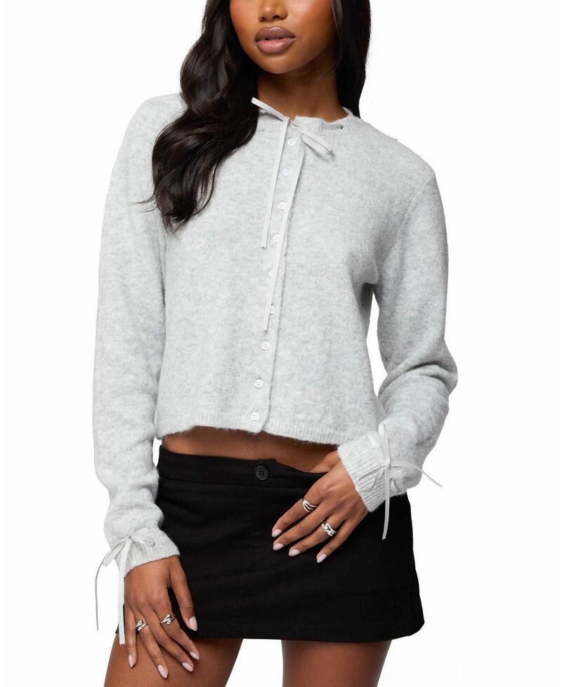 アディクテッド レディース アウター カーディガン ニット Edikted Vickie Ribbon Knit Cardigan GrayMelange グレー