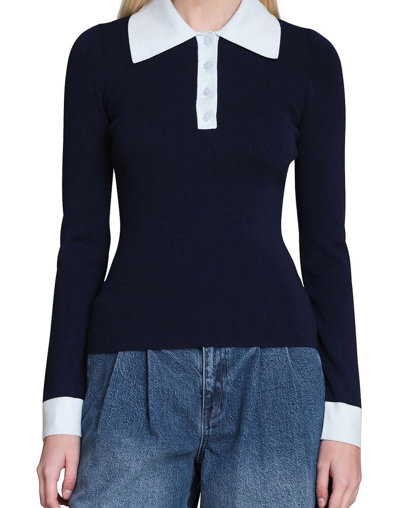 アヴェックレフィーユ レディース トップス シャツ Avec Les Filles Long Sleeve Polo Shirt Navy Colorblock ネイビー