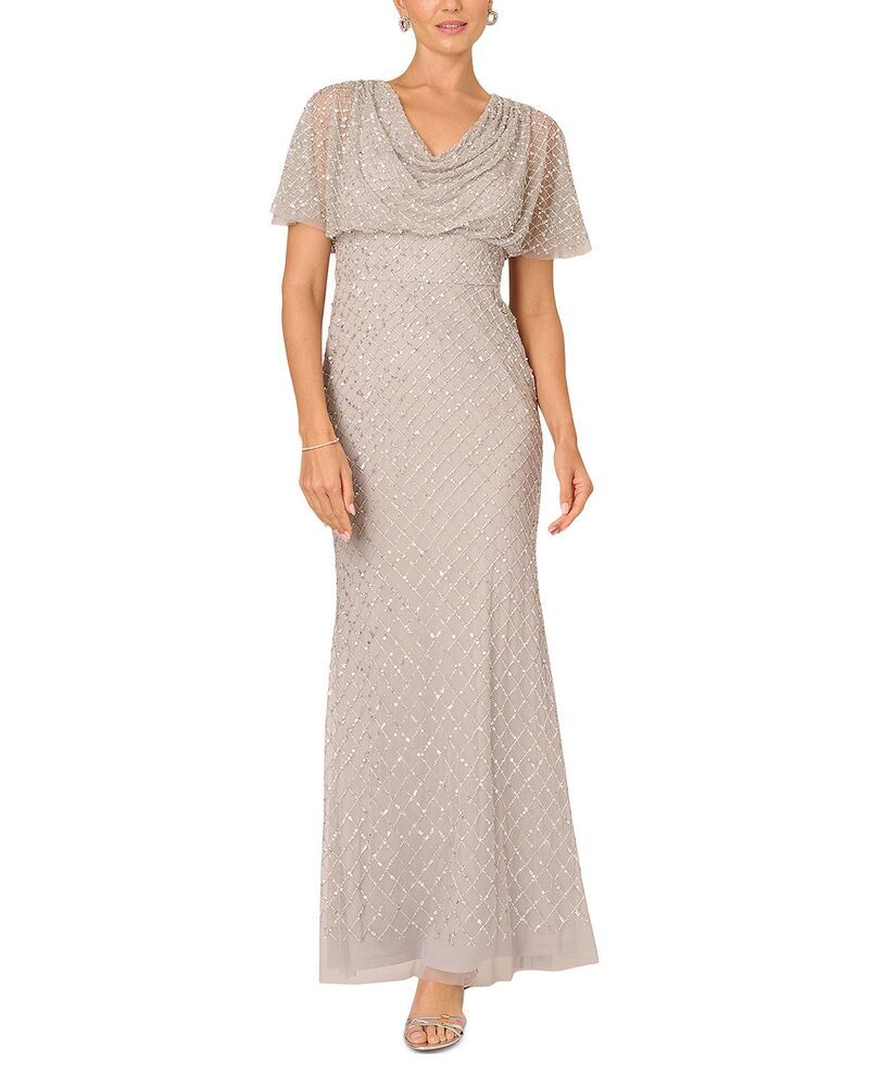 アドリアナ パペル レディース トップス ワンピース Adrianna Papell Beaded Cowl Neck Gown CRYSTAL SILVER シルバー