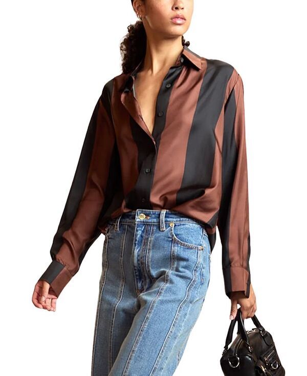 シンシアローレイ レディース トップス シャツ シルク Cynthia Rowley Silk Stripes ButtonUp Shirt Blackbrown ブラック