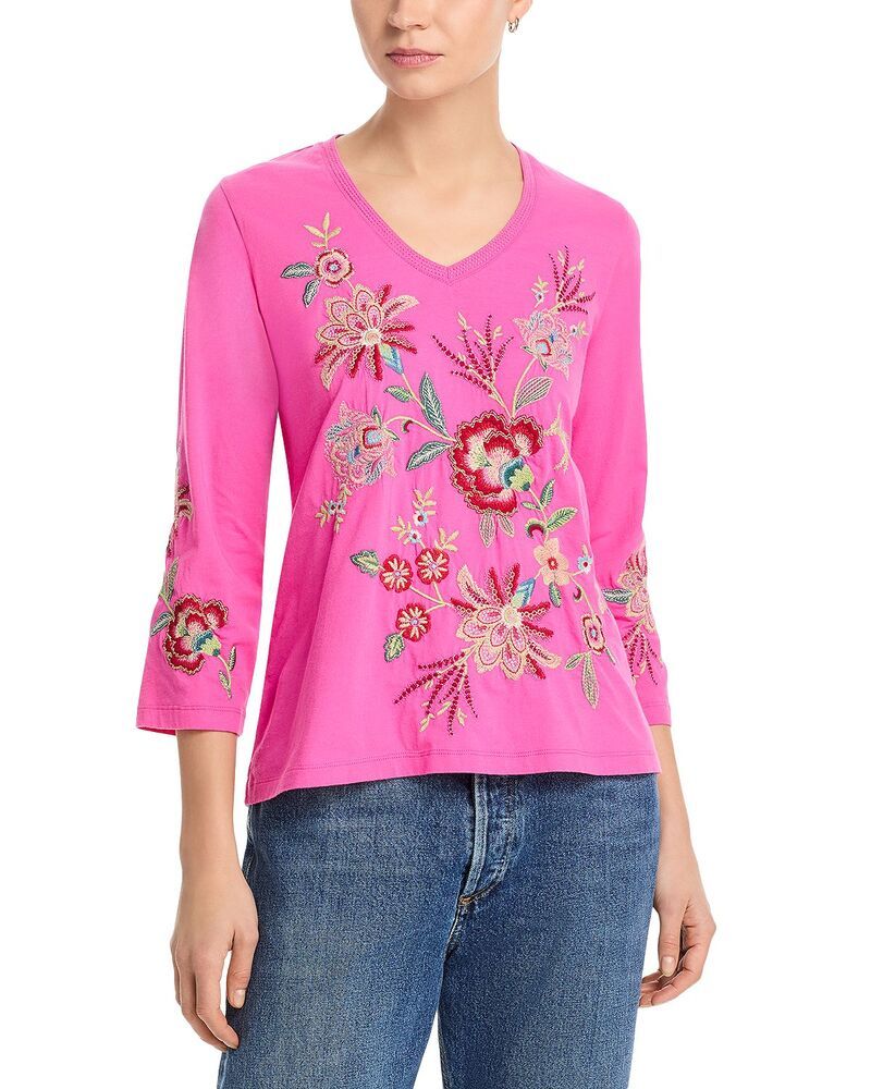 ジョニーワズ レディース トップス Tシャツ Vネック Johnny Was Three Quarter Sleeve Traounto V Neck Tee Gin Fizz