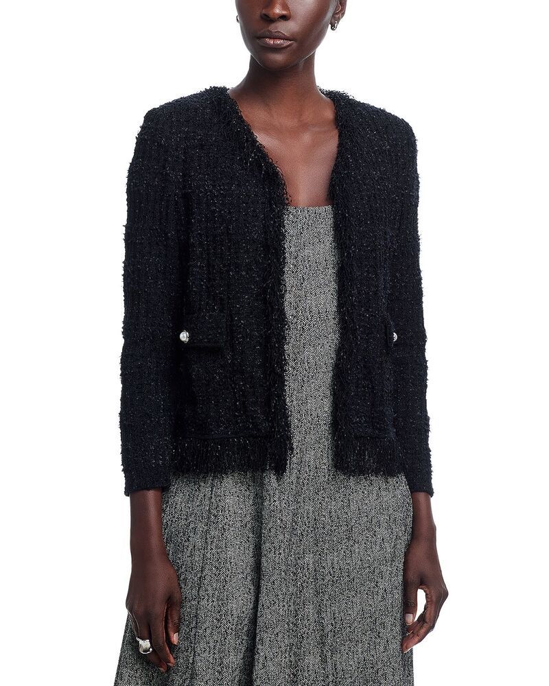 ミソック レディース アウター ジャケット・ブルゾン ニット フリンジ Misook Eyelash Fringe Trim Knit Jacket Black ブラック