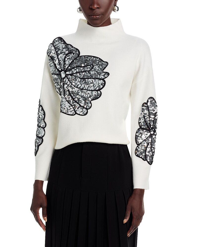 ティー・タハリ レディース アウター ニット・セーター スタンドネック スパンコール Tahari Long Sleeve Funnel Neck Sequin Soutache Sweater White Star ホワイト