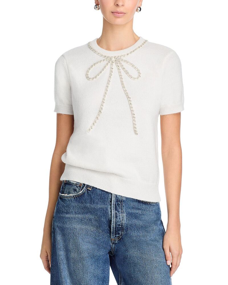 アクア レディース アウター ニット・セーター AQUA Embellished Bow Short Sleeve Sweater Exclusive Ivory アイボリー