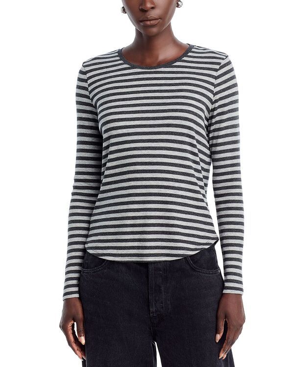 マジェスティック レディース トップス Tシャツ クルーネック Majestic Filaturestriped Crewneck Tee Anthra ChineGris Chine ストライプ