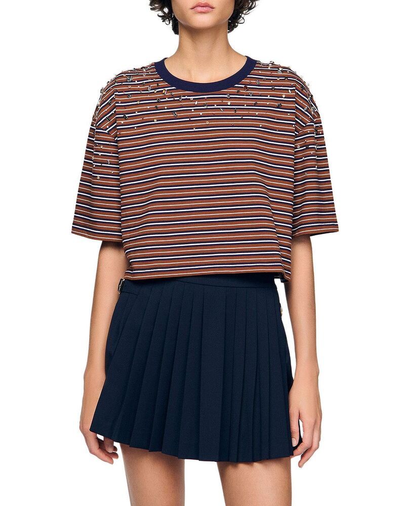 サンドロ レディース トップス Tシャツ Sandro Striped Rhinestone Tee BrownDeep Blue ブルー