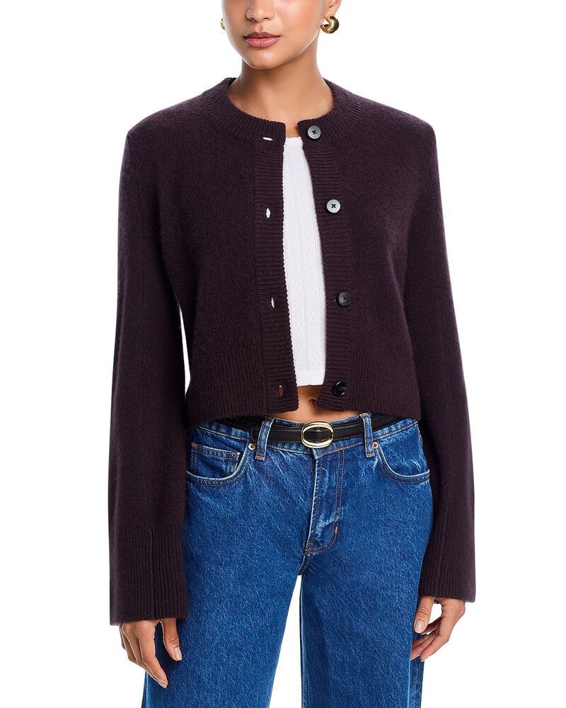 アクア レディース アウター カーディガン クルーネックロップド AQUA 100 Cashmere Cropped Wide Sleeve Crewneck Cardigan Exclusive Dark Brown ブラウン