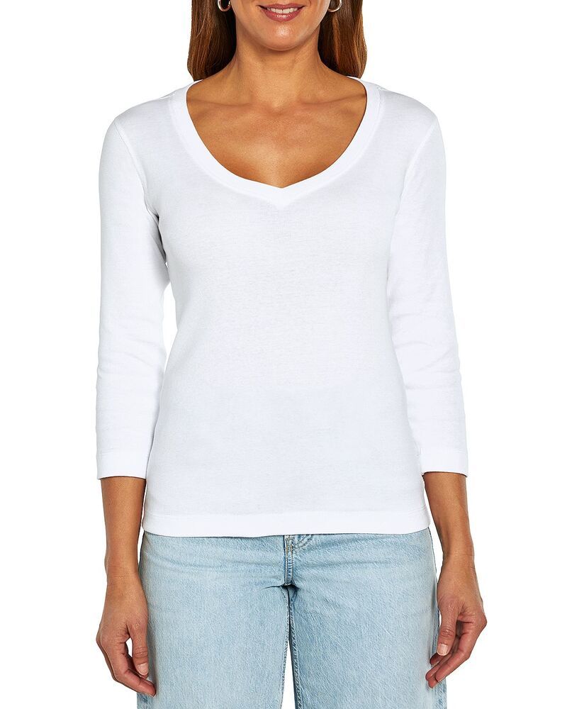スリードッツ レディース トップス Tシャツ Vネック コットン Three Dots Cotton V Neck Three Quarter Sleeve Tee White ホワイト