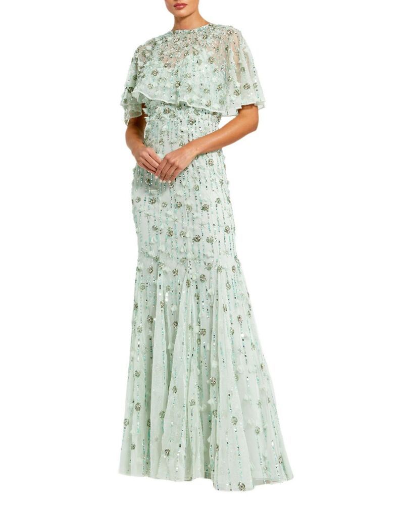 マックダガル レディース トップス ワンピース ケープデザイン キャップ ケープ Mac Duggal Womens Embellished Illusion Cape Sleeve Trumpet Gown Sage セージ