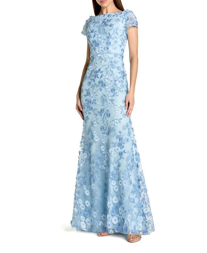マックダガル レディース トップス ワンピース フラワー柄 キャップ フラワー Mac Duggal Floral Applique Boat Neck Cap Sleeve Gown Powder Blue ブルー